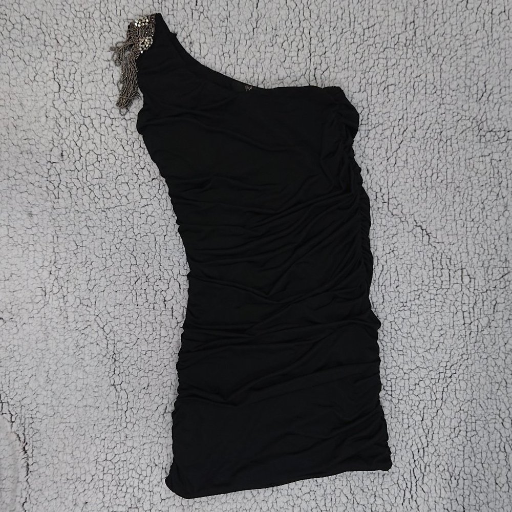 Black One-Shoulder Mini Dress with Beaded Shoulder Size Small Treasure Rock - Picture 6 of 13